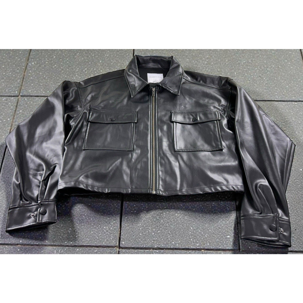 Celebrity Pink Black Faux Leather Jacket Women's Sz Large Full Zip Boxy Pockets - Picture 5 of 6